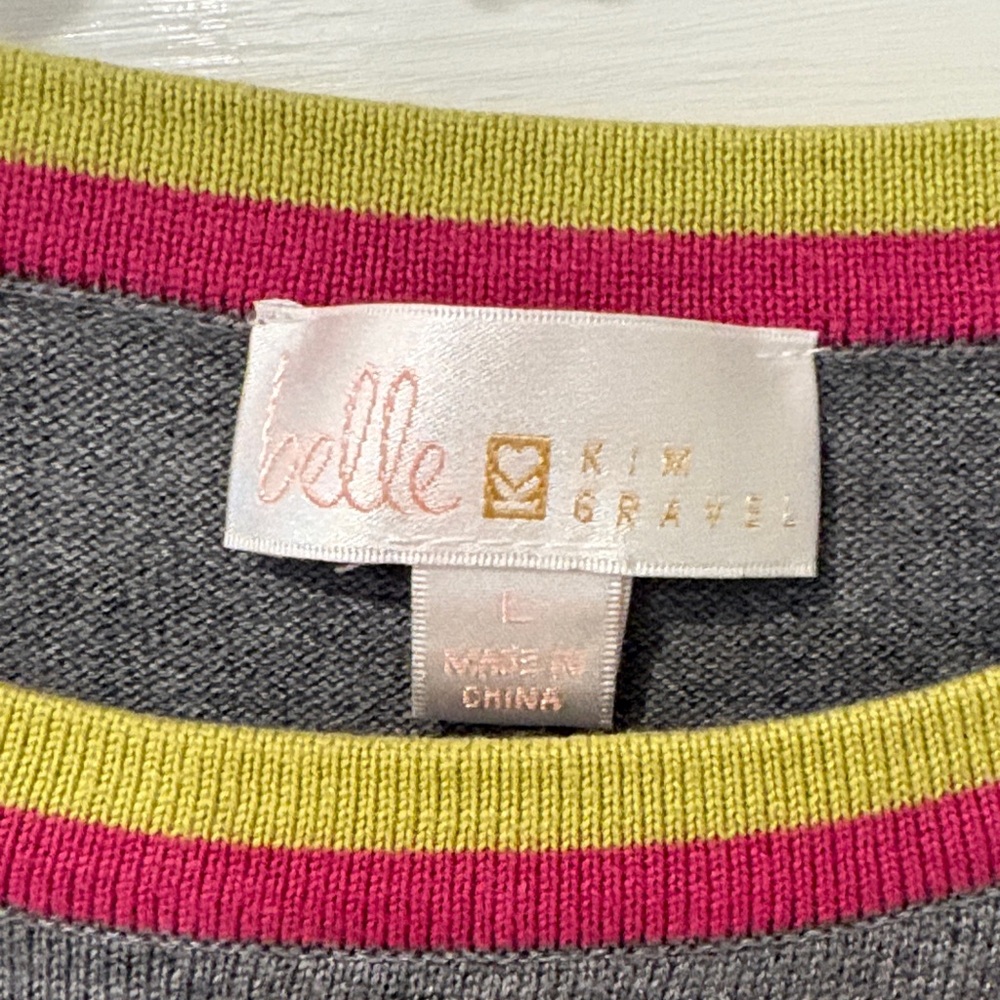 🎈5 for $15 Belle by Kim Gravel Gray Crewneck Sweater with Pink and Lime Trim - Picture 2 of 5